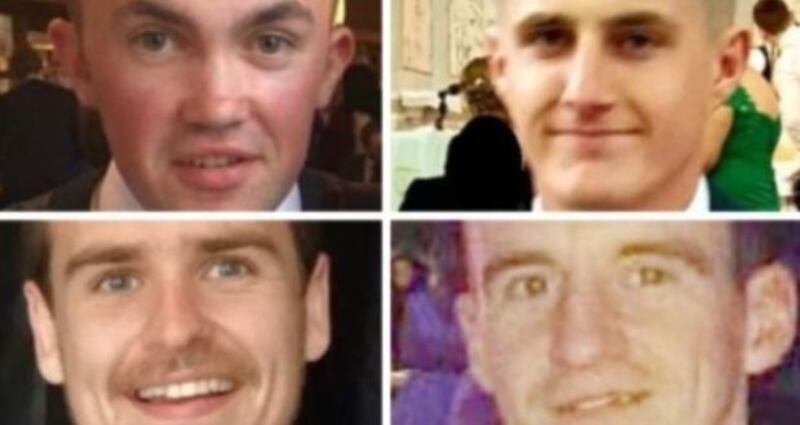 Clockwise from top left: Shaun Harkin, Daniel Scott, John Harley and Mícheál Roarty were killed in a single-vehicle road crash in Co Donegal on Sunday night.