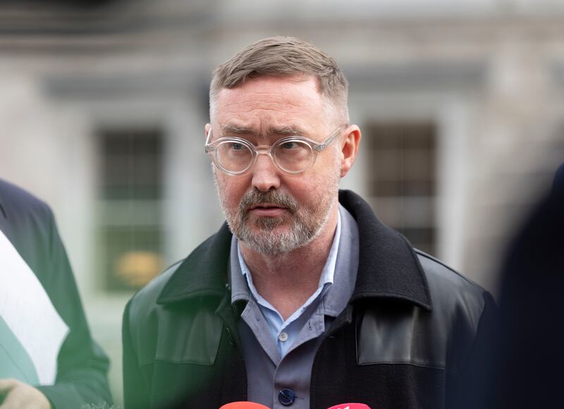 Sinn Féiin spokesperson on Housing, Local Government and Heritage Eoin Ó Broin TD speaking to the media on the plinth. Photograph: Sam Boal/Collins Photos 

