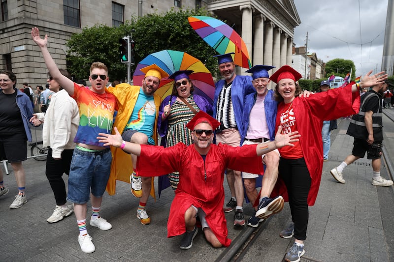 Some of the INTO  LBGTQ+  group taking part in the Pride Parade. Photo: Bryan O’Brien / The Irish Times  
