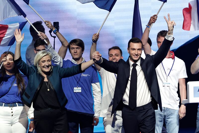National Rally leaders Marine Le Pen and Jordan Bardella at a European elections campaign meeting in Paris on June 2nd. Photograph: Stephane De Sakutin/AFP via Getty Images