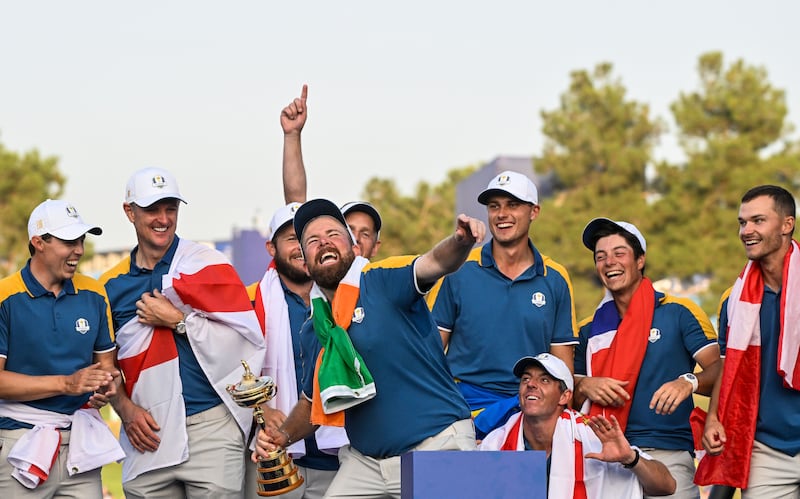 Shane Lowry celebrates with the Ryder Cup. Photograph: Matteo Ciambelli/Inpho