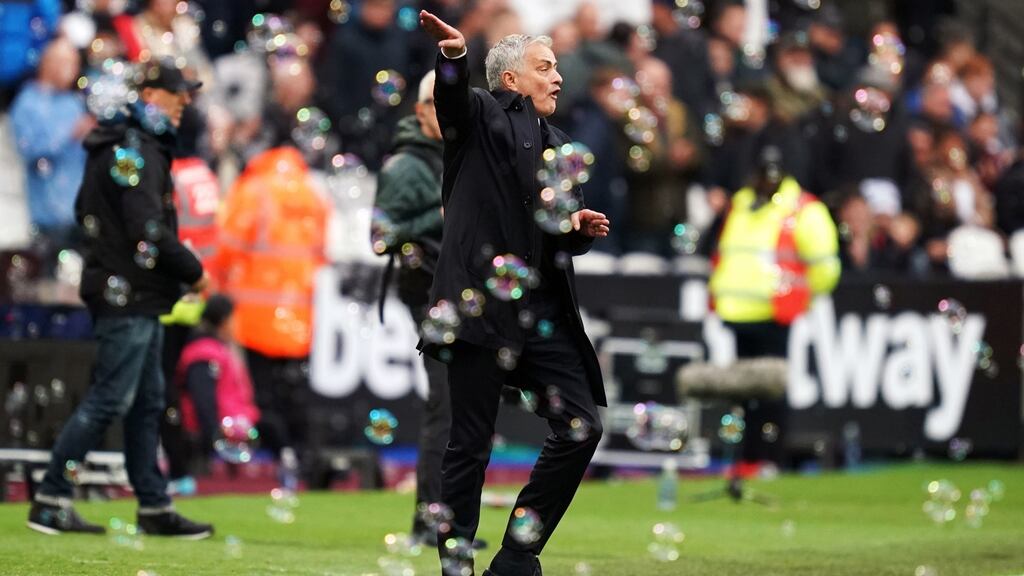 Tottenham Hotspur manager Jose Mourinho gestures on the touchline during the Premier League match against West Ham  at the London Stadium on Saturday. Photograph: John Walton/PA Wire