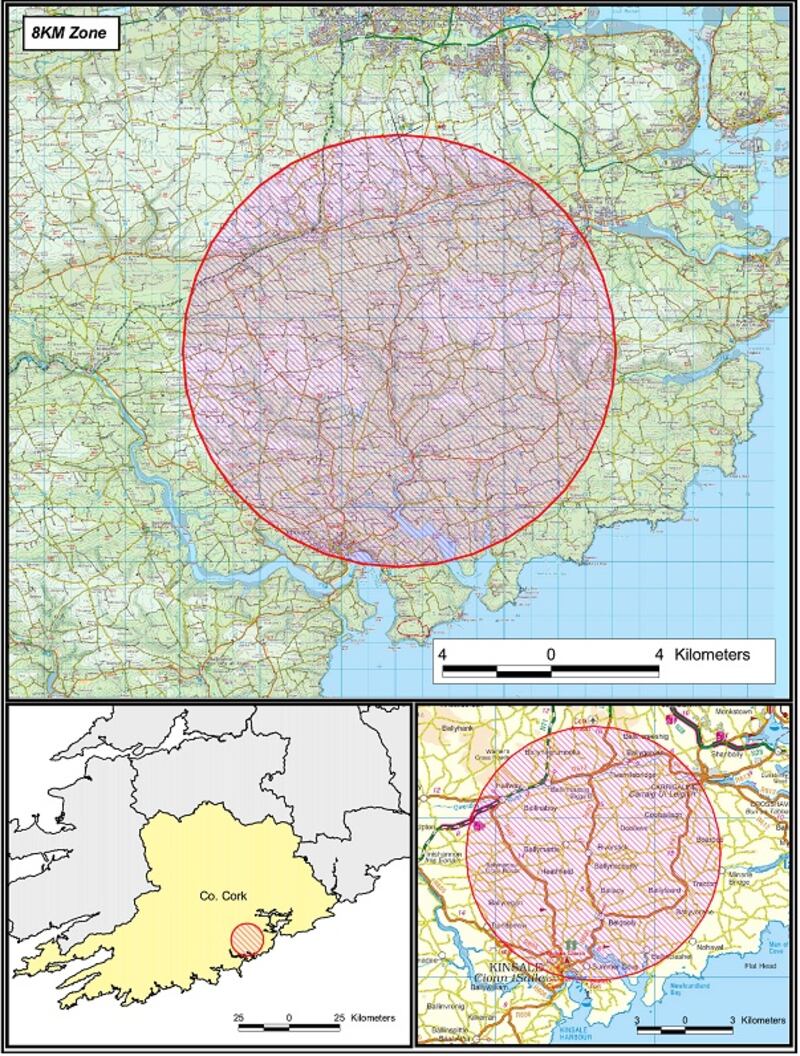 The 8km surveillance zone in Co Cork