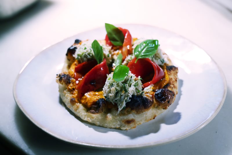 Crab flatbread, romesco and marinated red pepper