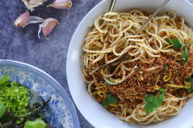 Store-cupboard spaghetti for garlic-bread lovers