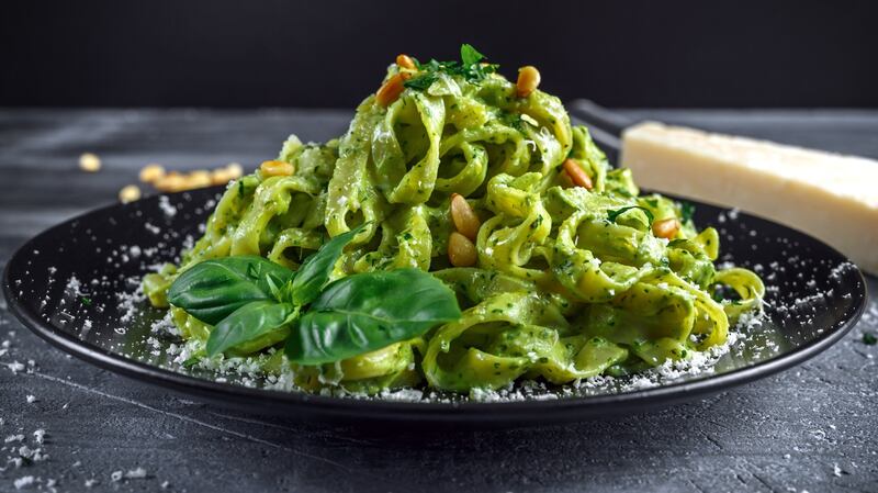 Tagliatelle  with pesto sauce.