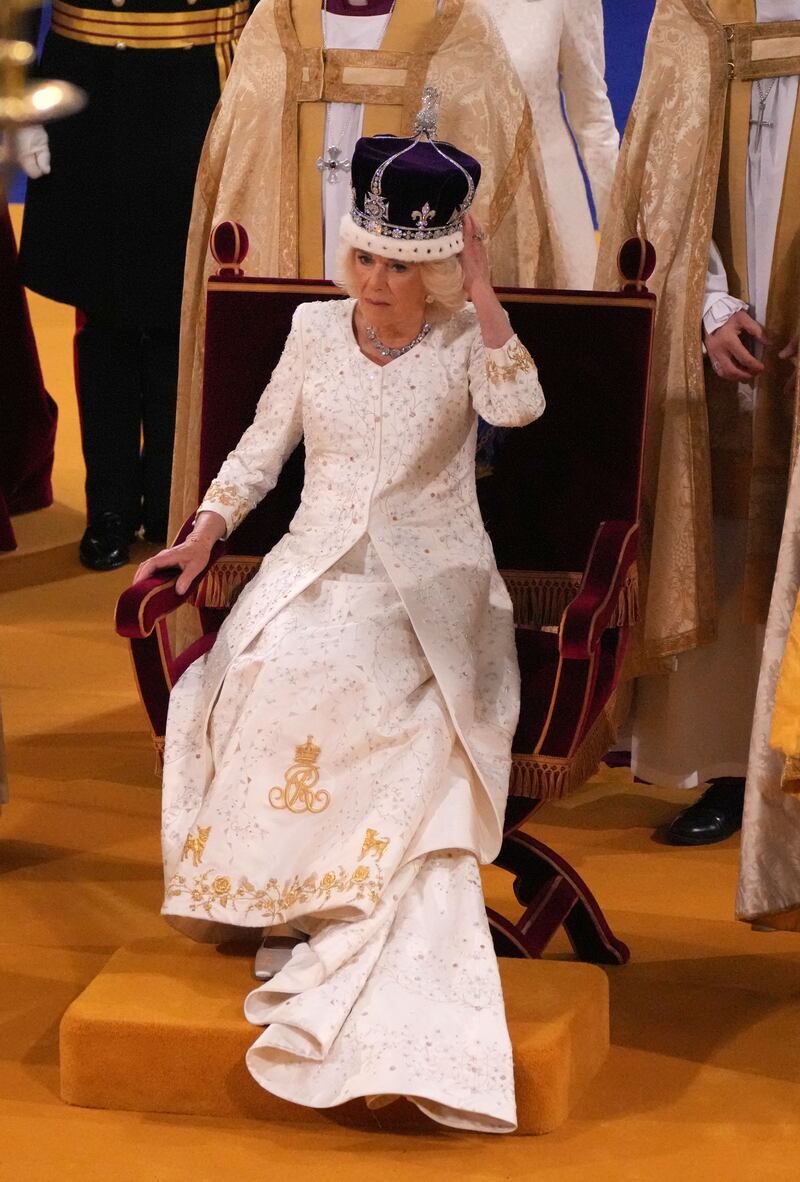 Camilla’s dress was designed by Bruce Oldfield, who was also a favorite of Princess Diana’s. Photograph: Aaron Chown/WPA Pool/Getty Images