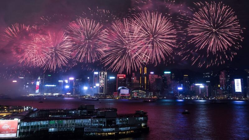 Fireworks explode over Victoria Harbour in Hong Kong to mark the 20th anniversary of the  handover  of the territory from Britain to China. Photograph: Dale de la Rey/AFP/Getty Images