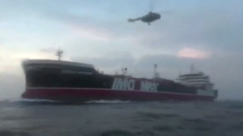 A grab  taken from a video provided by Iran’s Revolutionary Guard official website Sepah News on Saturday, reportadly showing Revolutionary Guard Corps boarding the British-flagged tanker Stena Impero in the Strait of Hormuz, Iran. Photograph: EPA