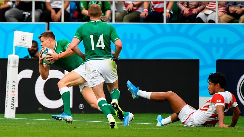 Garry Ringrose scores Ireland’s first try. Photo: William West/Getty Images