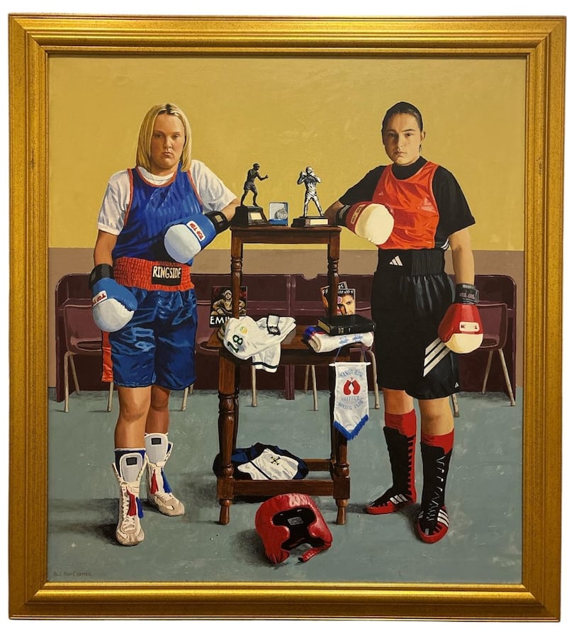 Katie Taylor and her opponent Alanna Audley by Paul MacCormaic (€1,000-€1,500) for sale at Mullen's auction