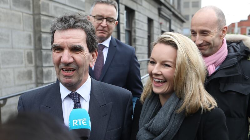 Tom McGuire, head of RTÉ Radio 1, and broadcaster  Claire Byrne speaking to the media after Nicky Kehoe’s High Court defamation case. Photograph: Collins Courts.
