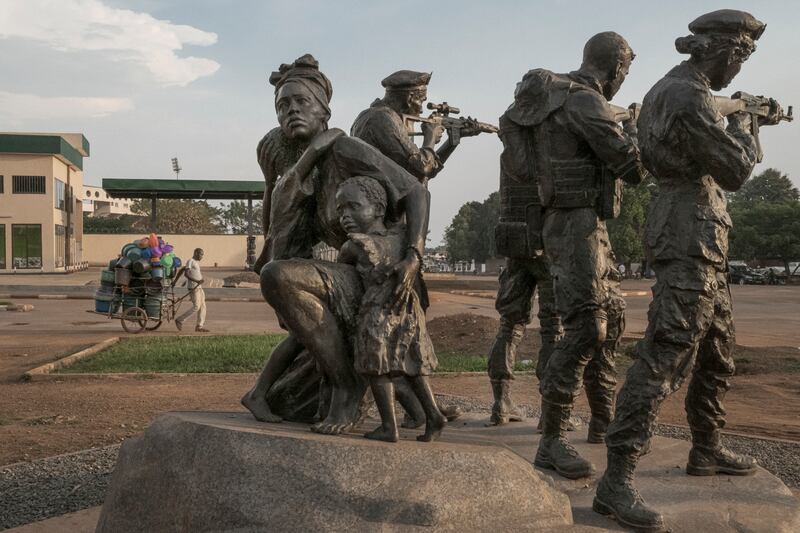 A statue of Russian soldiers protecting civilians in Bangui, Central African Republic. Photograph: Mauricio Lima/The New York Times                    