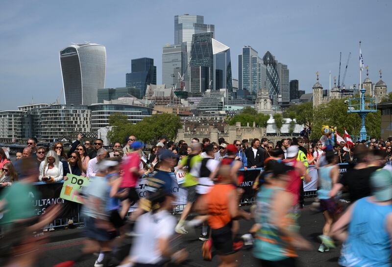 A view of the City of London as athletes cross Tower Bridge during the 2026 London Marathon. Photo by Alex Broadway/Getty Images
