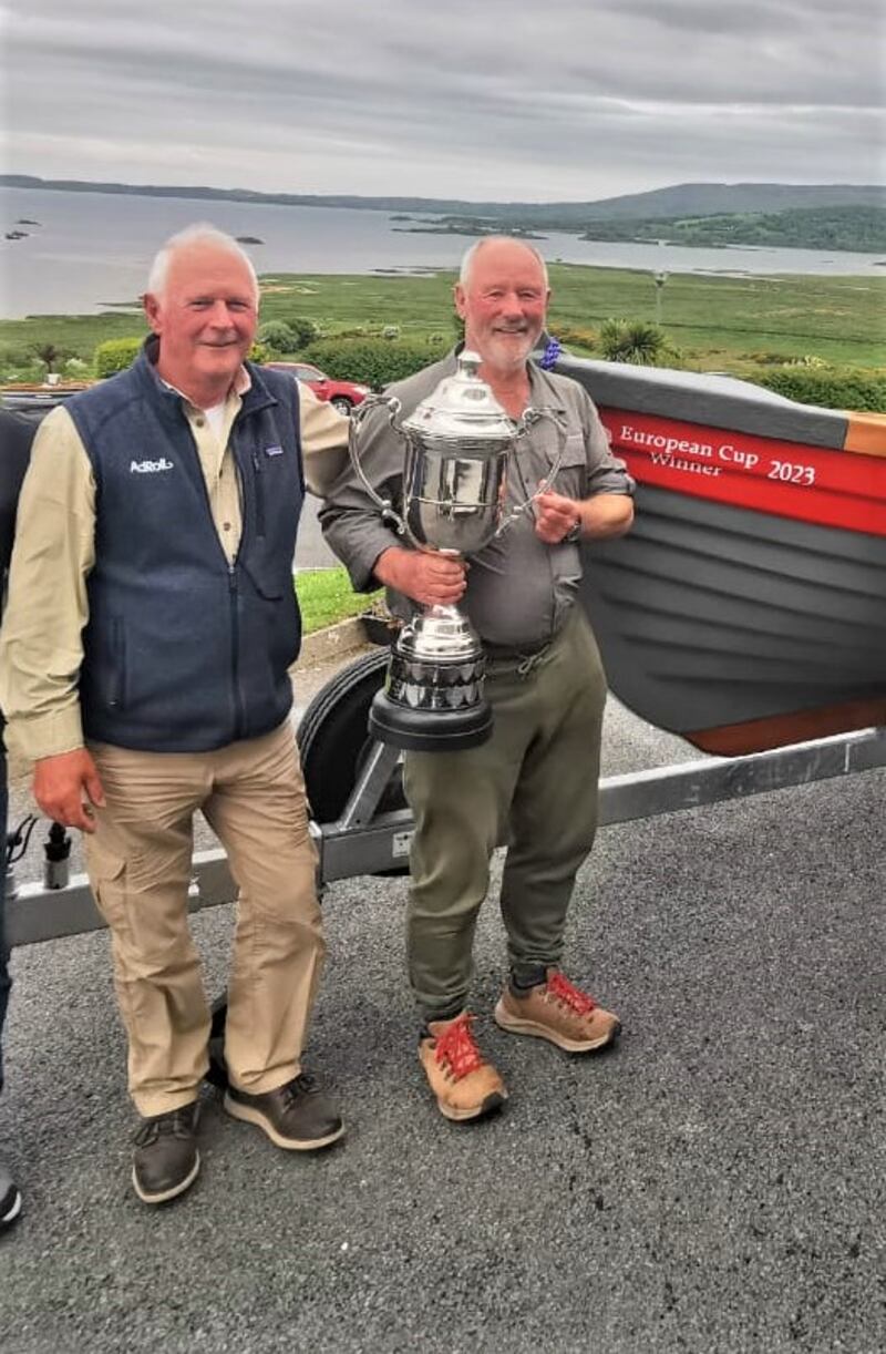 Roundstone angler Joe Creane (right), winner of the European Cup Trout Angling Championships on Lough Mask, with Liam Conroy, chairman of Tourmakeady Angling Association