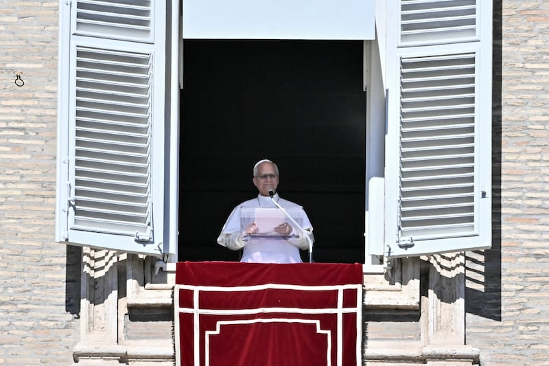 Pope Leo XIV delivers his address during the Angelus prayer from the window of the Apostolic Palace overlooking St Peter’s Square in the Vatican on October 11, 2026. Photograph: Filippo Monteforte/AFP via Getty Images