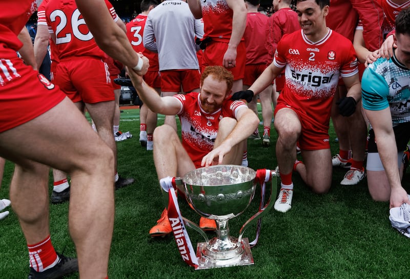 Better days: Derry’s Conor Glass celebrates beating Dublin in the Division 1 football final last year. Photograph: James Crombie/Inpho