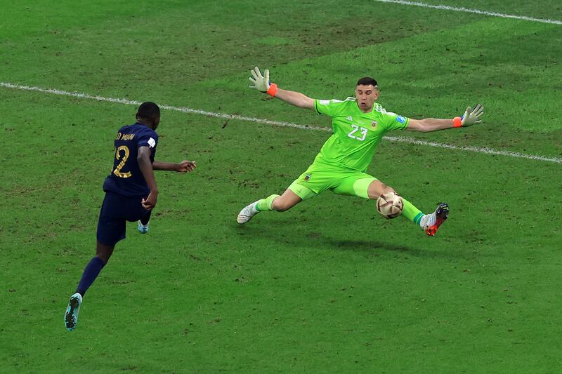 Martínez’s greatest moment was surely his sprawling save in the final seconds of extra-time to deny Randal Kolo Muani and France victory in the 2022 World Cup final in Qatar. Photograph:  Buda Mendes/Getty Images