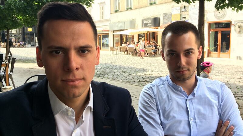 Journalists Kristian Cekovsky (left) and Matus David, who worked for Slovak public broadcaster RTVS for several years. Their contracts were not extended last month amid a wave of departures and conflict between reporters and management. Photograph: Daniel McLaughlin