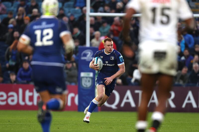 Ciarán Frawley impressed for Leinster during their URC win over the Sharks. Photograph: Bryan Keane/Inpho