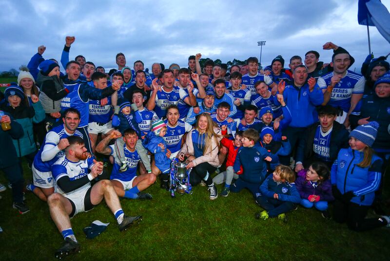 The Kerins O’Rahilly’s team celebrate at the end of the game. Photograph: Ken Sutton/Inpho