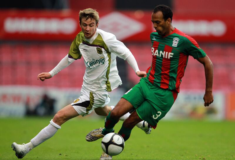 Sporting Fingal's Ronan Finn tracks Robson Severino Silva of Marítimo in a Europa League qualifying round clash in 2010. Photograph: Donall Farmer/Inpho