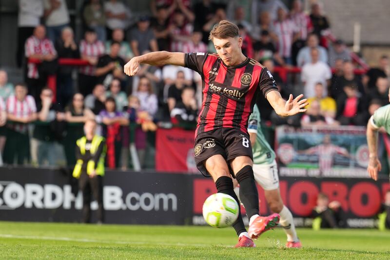 Bohemians’ Dayle Rooney scores a penalty against Derry City. Photograph: INPHO/James Lawlor