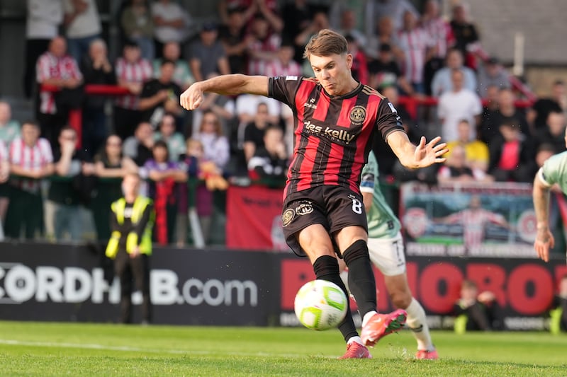 Bohemians’ Dayle Rooney scores a penalty against Derry City. Photograph: INPHO/James Lawlor