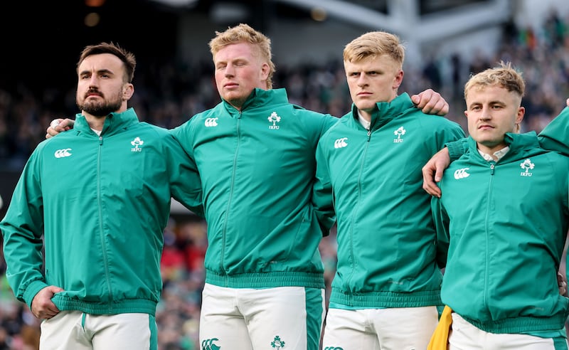 Ireland's Rónan Kelleher, Paddy McCarthy, Tommy O'Brien and Craig Casey face the New Zealand Haka at Soldier Field, Chicago. Photograph: Dan Sheridan/Inpho