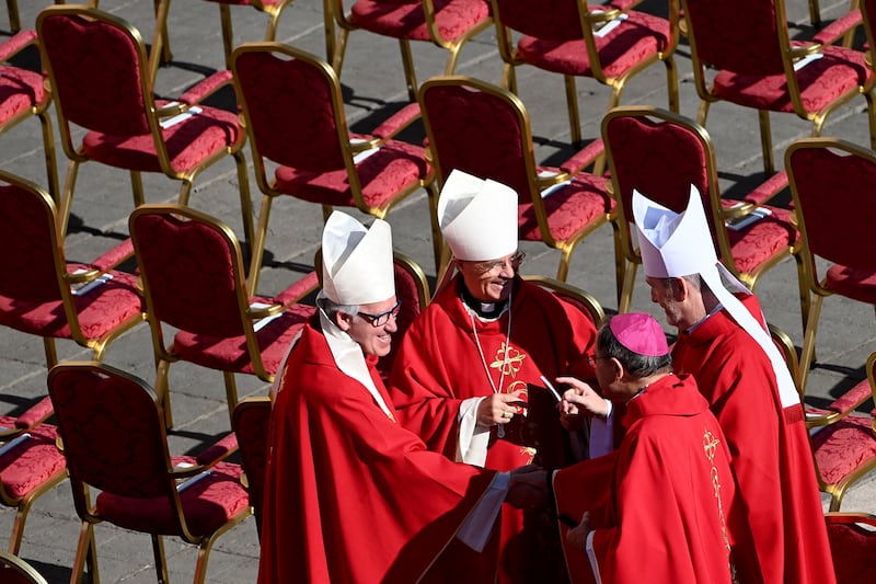 Cardinals arrive for late Pope Francis' funeral ceremony at St Peter's Square in The Vatican. Photograph: Isabella Bonotto/AFP