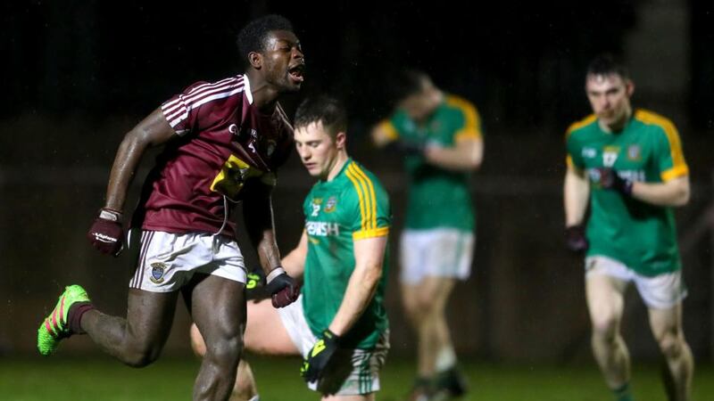 Westmeath’s Boidu Sayeh celebrates scoring  a late goal in the EirGrid Leinster U21 Football Championship match against Meath at  Lakepoint Park in Mullingar. Photograph: James Crombie/Inpho