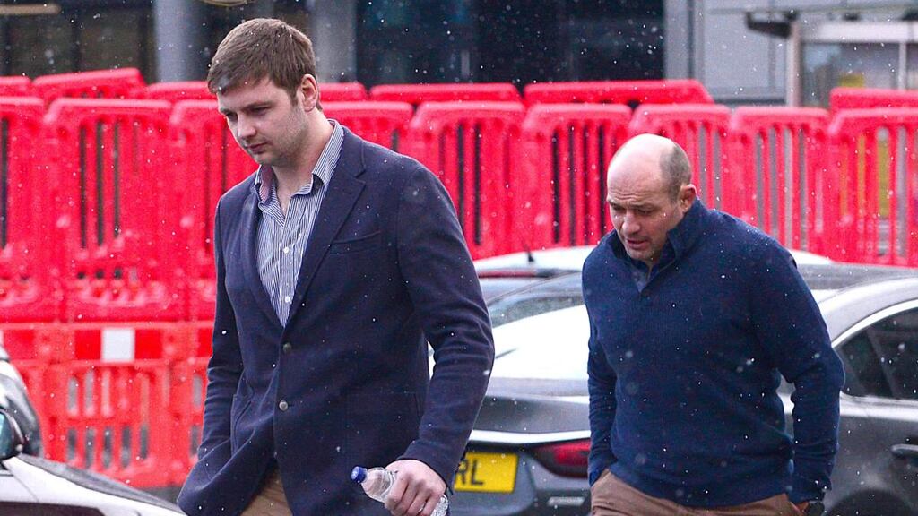 Iain Henderson and Rory Best arrive at Laganside Magistrates court in Belfast on January 31st, 2018  where Paddy Jackson and Stuart Olding were on trial accused of raping the same woman. Photograph:  Pacemaker