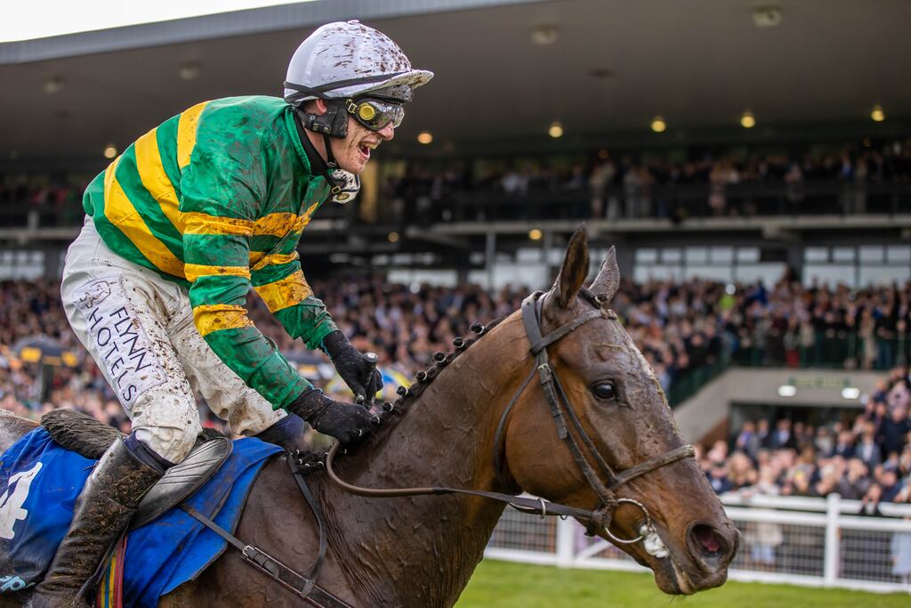 Jockey Paul Townend celebrates winning the Boylesports Irish Grand National with I Am Maximus at Fairyhouse Racecourse last year. Photograph: ©INPHO/Morgan Treacy