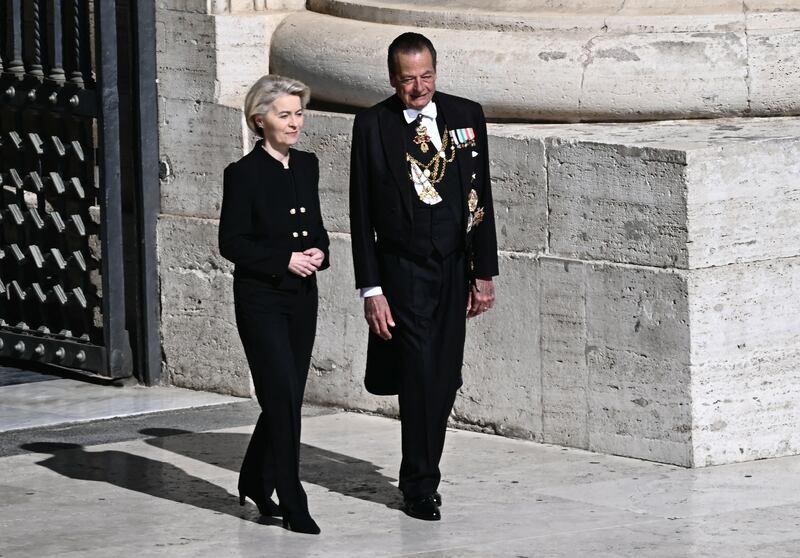 European Commission President Ursula von der Leyen arrives at the Vatican this morning. Photo by Filippo MONTEFORTE / AFP