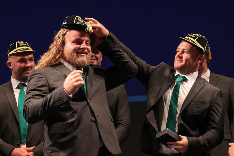 Finlay Bealham and Dave Kilcoyne centre stage as Ireland's players receive their World Cup caps at a welcoming ceremony in the Grand Théâtre, Tours. Photograph: Dan Sheridan/Inpho 