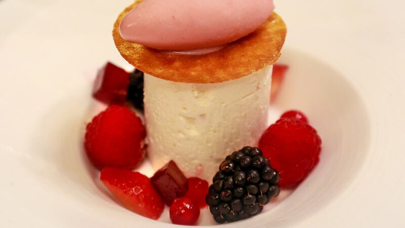 Burt honey nougat glacé with Clarke’s  berries and strawberry juice