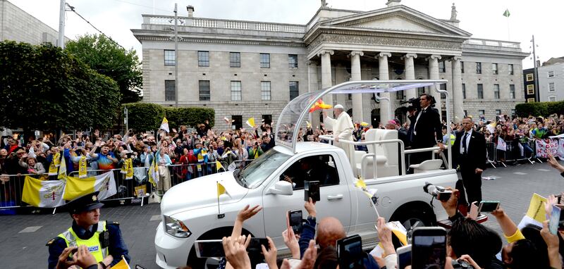 2018. Pope Francis, passes through O'Connell Street, Dublin in the popemobile. Photograph: Dara Mac Dónaill / The Irish Times
