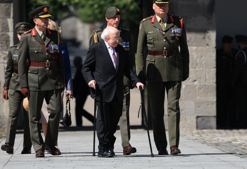 President Michael D Higgins with wife Sabina at The National Day of Commemoration Ceremony, to honour Irishmen and Irishwomen who died in war or on service with the United Nations and other international organisations in the service of peace. Photograph: Stephen Collins/ Collins Photos