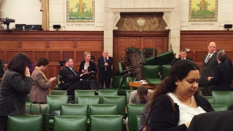 The Conservative Party caucus room is shown shortly after shooting began on Parliament Hill, in Ottawa yesterday. The photograph was  taken  by MP Nina Grewal. Photograph: Nina Grewal vie Reuters