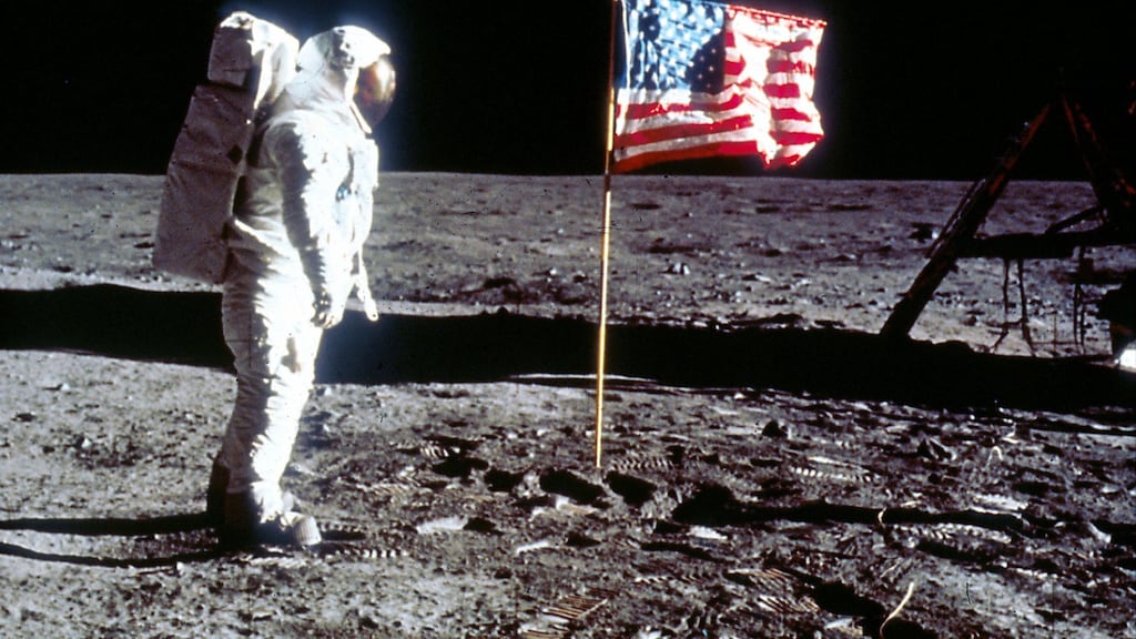 Astronaut Edwin ‘Buzz’ Aldrin poses next to the US flag on July 20th, 1969 on the moon during the Apollo 11 mission. Photograph:   NASA/Liaison