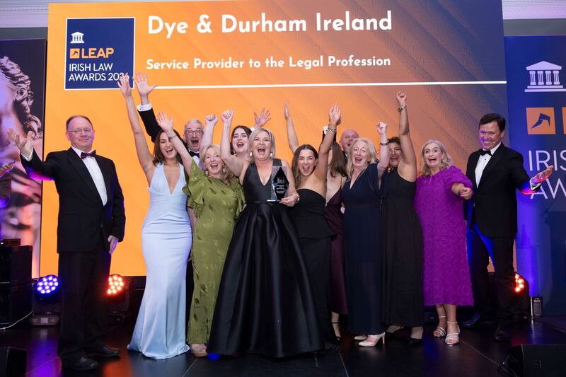 Richard Hammond, solicitor and partner at Hammond Good and chair of the judging panel of the Leap Irish Law Awards; Marie Coleman; Debbie Roche, law searcher in conveyancing and litigation at Dye & Durham; Karina Szeliga; Mary Clare McCole, team lead agency at Dye & Durham; Carol Sargent, senior programmer at Dye & Durham; Saoirse Ni Gabhann; Bea Nonell Durban, law clerk at Dye & Durham; Jonny Harris; Stefan Dutczyn, author at Dye & Durham; Teesha Chaudhuri, customer success at Dye & Durham; Hilary O'Connor, judge at Leap Irish Law awards, and Anton Savage, MC of the night. Photograph: Paul Sherwood