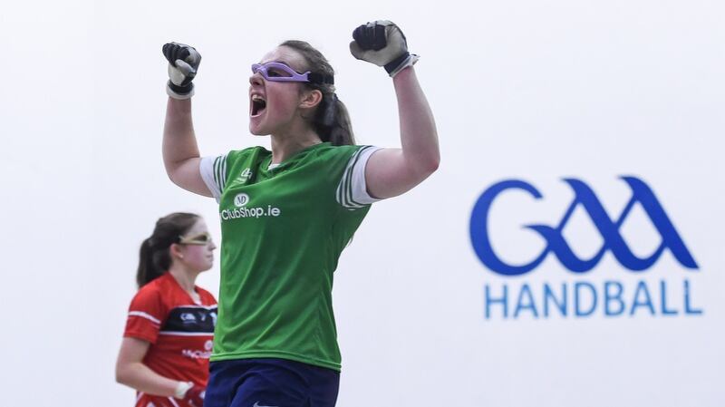 Limerick’s Martina McMahon celebrates after winning the women’s senior title against Cork’s  Catriona Casey at Croke Park. Photograph: Tommy Grealy/actionshots.ie