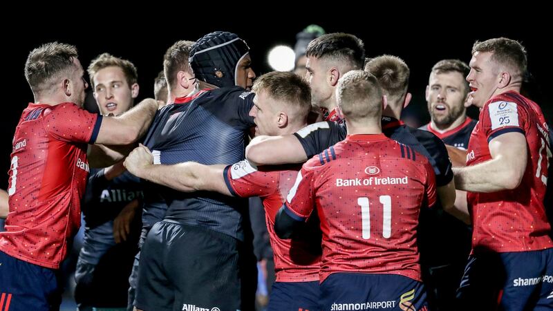 Tensions rise between Saracens and Munster players during a pool game at Allianz Park in December 2019. Photograph: Dan Sheridan/Inpho
