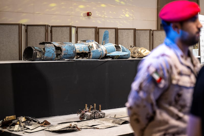 Pieces of missiles and drones recovered after Iranian strikes are displayed during a press briefing by the UAE government held in Abu Dhabi in March. Photograph: Ryan Lim/AFP via Getty