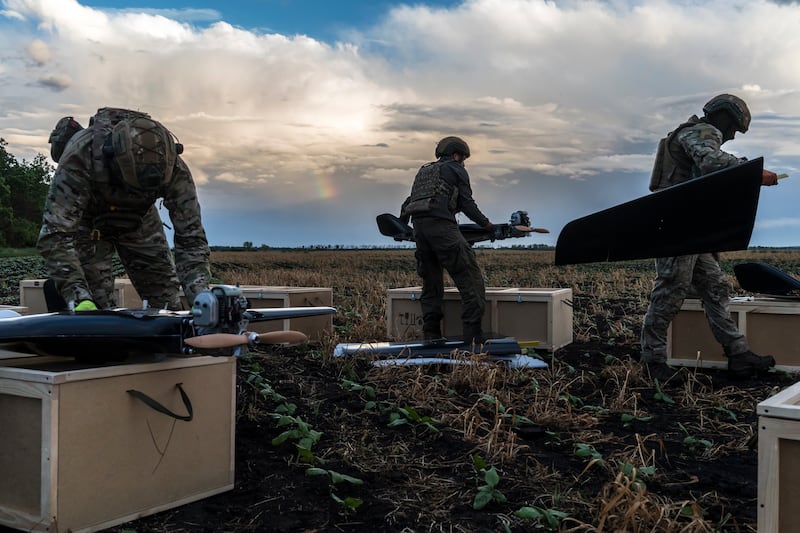Ukrainian soldiers preparing to launch drones at a target in Russia in May 2026. Photograph: Brendan Hoffman/The New York Times
                      