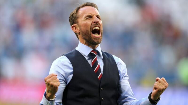 England manager Gareth Southgate celebrates victory over Sweden in the World Cup quarter-final in Samara. Photograph:  Owen Humphreys/PA Wire.