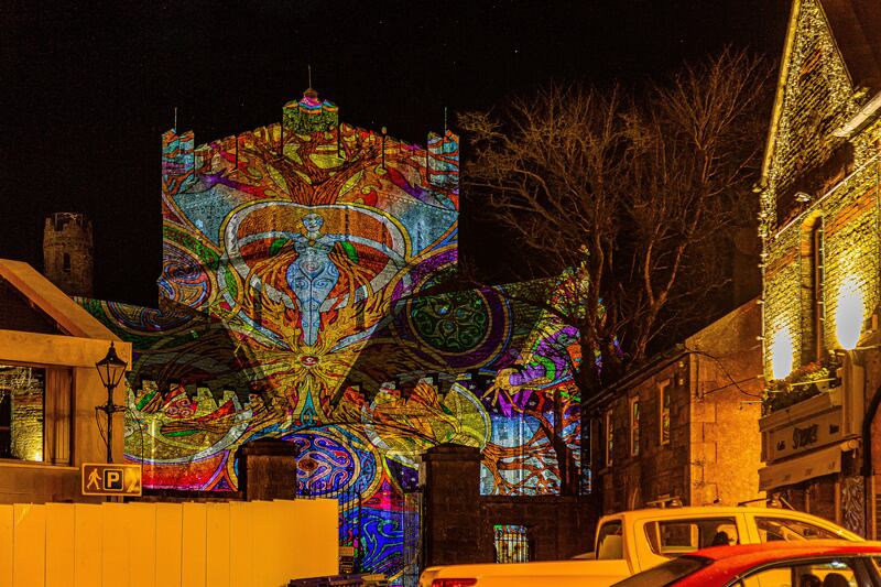 A Herstory St Brigid's Day illumination projected on to St Brigid's Cathedral in Kildare Town. 