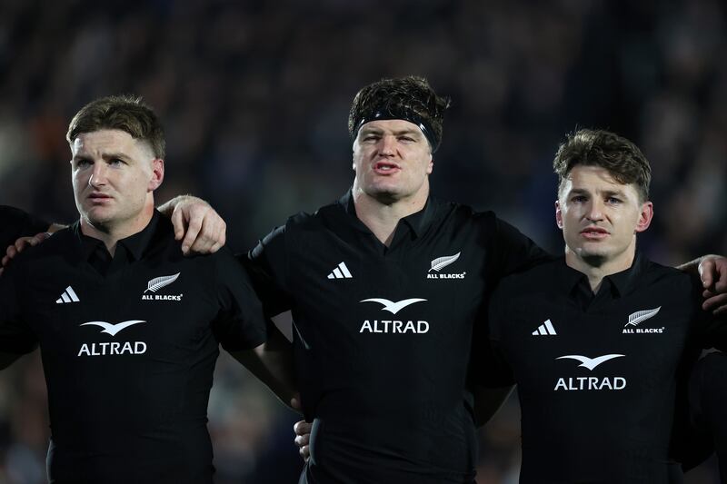 All Blacks brothers Jordie Barrett (L) Scott Barrett (C) and Beauden Barrett (R) during The Rugby Championship match between the New Zealand All Blacks and South Africa in July. Photograph: Fiona Goodall/Getty Images