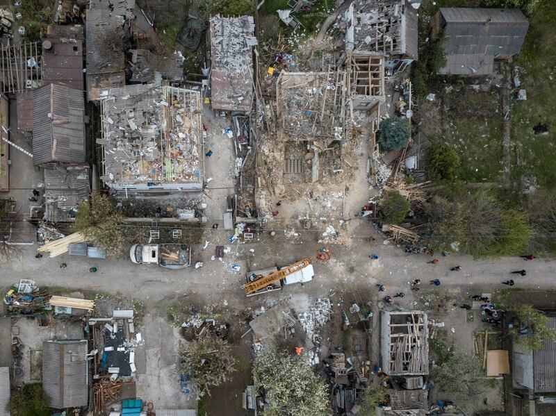 A  neighborhood in Zaporizhzhia is heavily damaged on April 29th,  the 65th day of the Russian invasion of Ukraine. Photograph: Ed Jones/AFP via Getty Images