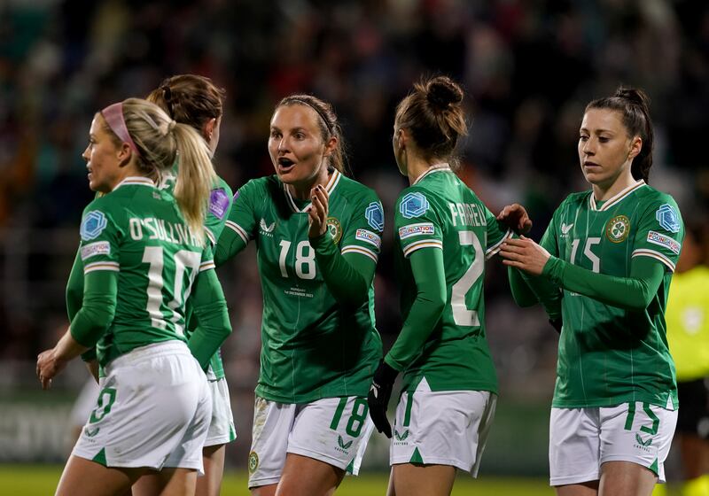 Republic of Ireland's players celebrate after taking the lead vs Hungary. Photograph: Brian Lawless/PA Wire
